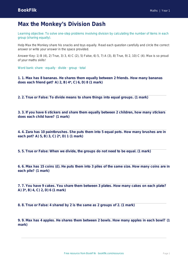 Free Division Quiz | Year 1 Core | BookFlik worksheet preview — Maths Division