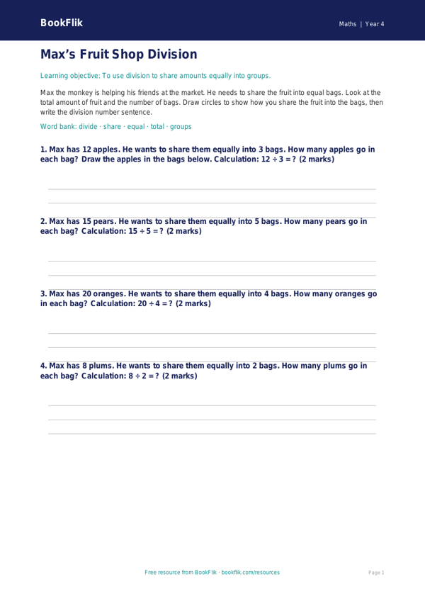Free Division Activity Sheet | Year 4 Supported | BookFlik worksheet preview — Maths Division