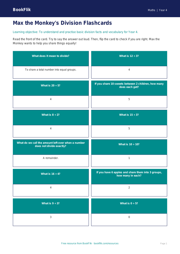 Free Division Flashcards | Year 4 Supported | BookFlik worksheet preview — Maths Division