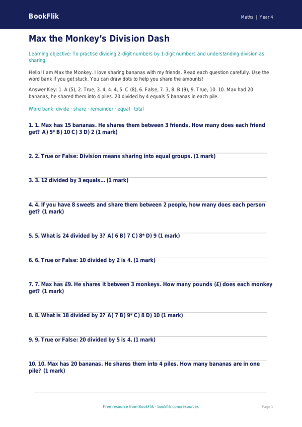 Free Division Quiz | Year 4 Supported | BookFlik worksheet preview — Maths Division