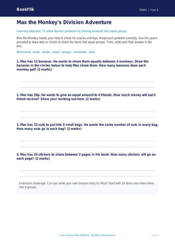 Free Division Template | Year 4 Supported | BookFlik worksheet preview — Maths Division