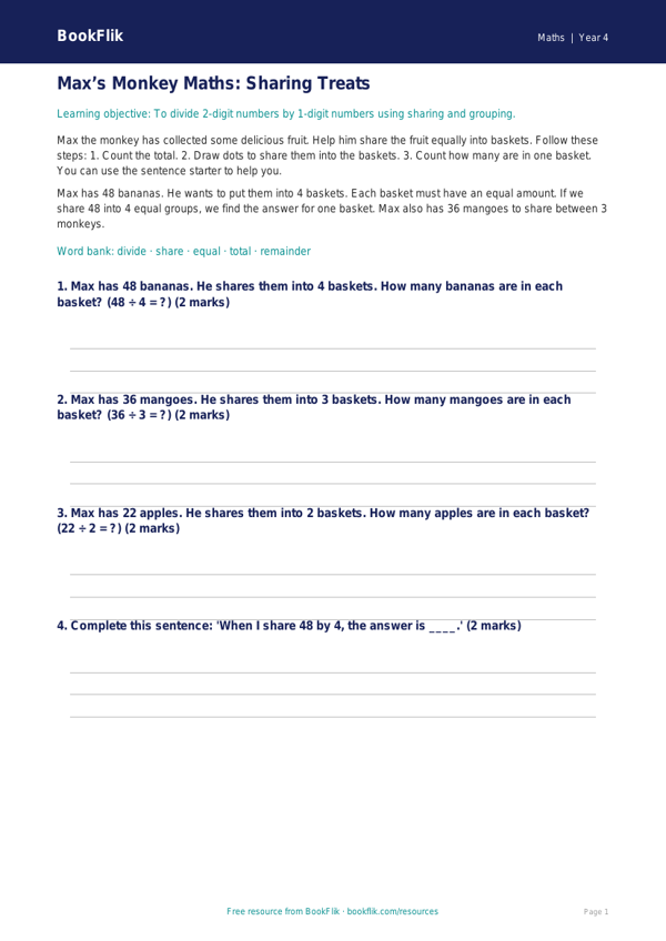 Free Division Track Sheet | Year 4 Supported | BookFlik worksheet preview — Maths Division