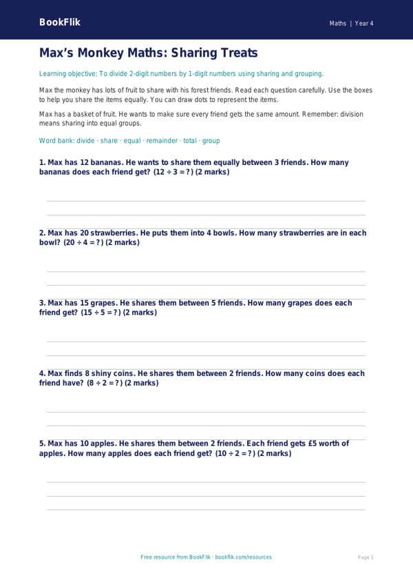 Free Division Worksheet | Year 4 Supported | BookFlik worksheet preview — Maths Division