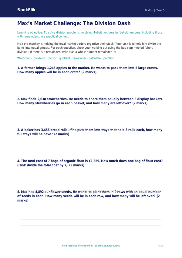 Free Division Activity Sheet | Year 5 Core | BookFlik worksheet preview — Maths Division