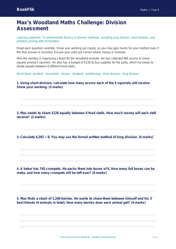 Free Division Assessment | Year 5 Core | BookFlik worksheet preview — Maths Division