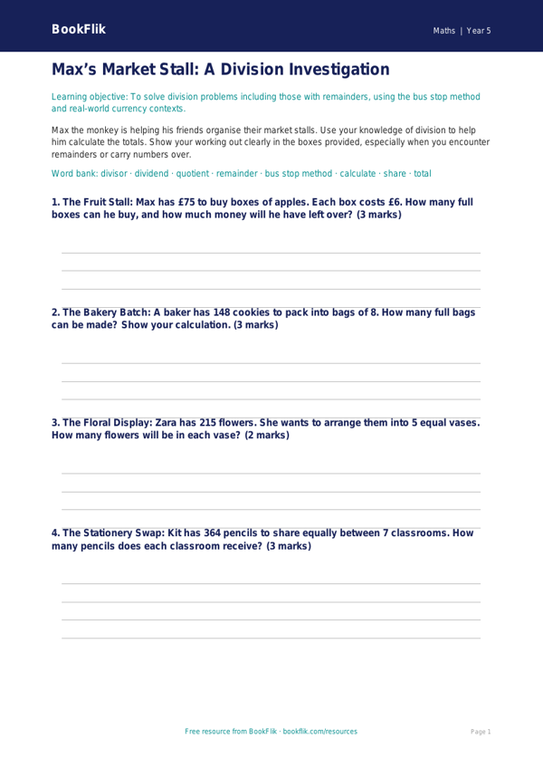 Free Division Template | Year 5 Core | BookFlik worksheet preview — Maths Division