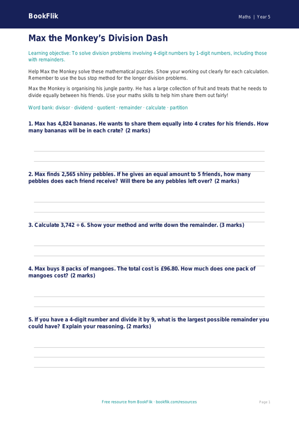 Free Division Worksheet | Year 5 Core | BookFlik worksheet preview — Maths Division