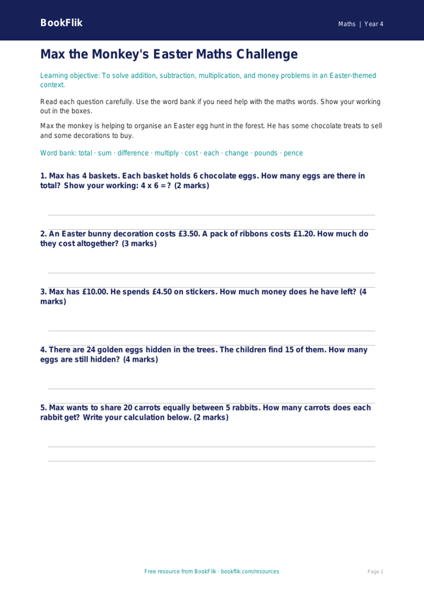 Free Easter Maths Assessment | Year 4 Supported | BookFlik worksheet preview — Maths Easter Maths