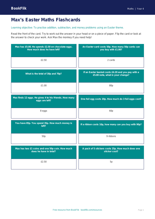 Free Easter Maths Flashcards | Year 4 Supported | BookFlik worksheet preview — Maths Easter Maths
