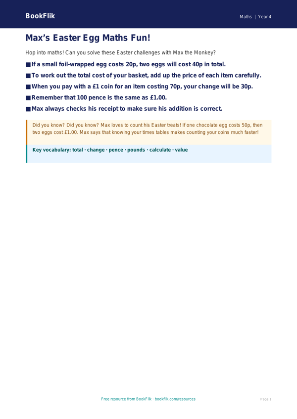 Free Easter Maths Poster | Year 4 Supported | BookFlik worksheet preview — Maths Easter Maths