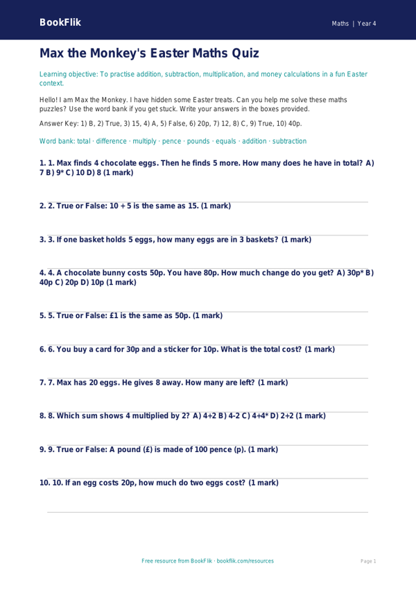 Free Easter Maths Quiz | Year 4 Supported | BookFlik worksheet preview — Maths Easter Maths