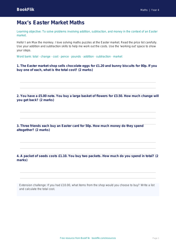Free Easter Maths Template | Year 4 Supported | BookFlik worksheet preview — Maths Easter Maths