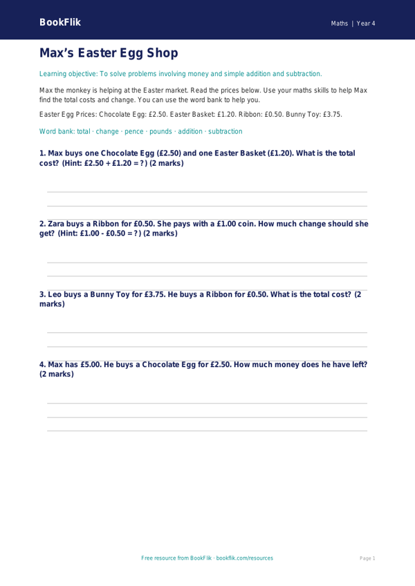 Free Easter Maths Worksheet | Year 4 Supported | BookFlik worksheet preview — Maths Easter Maths