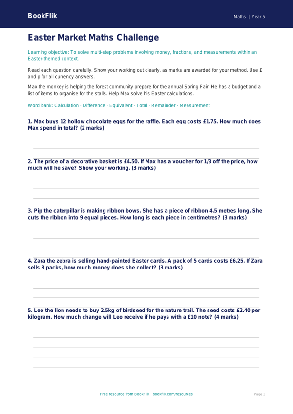 Free Easter Maths Assessment | Year 5 Core | BookFlik worksheet preview — Maths Easter Maths