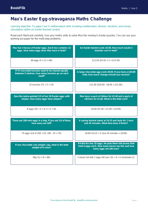 Free Easter Maths Flashcards | Year 5 Core | BookFlik worksheet preview — Maths Easter Maths