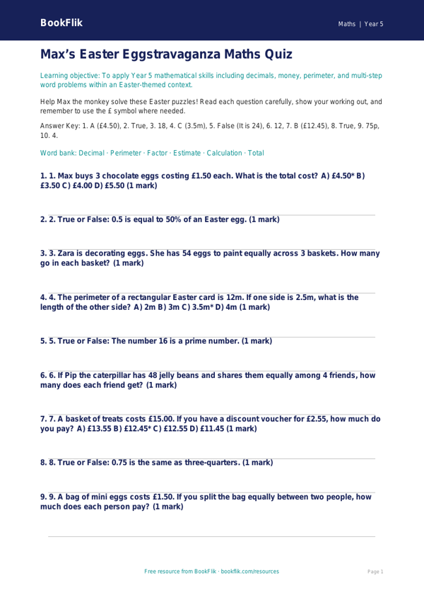 Free Easter Maths Quiz | Year 5 Core | BookFlik worksheet preview — Maths Easter Maths