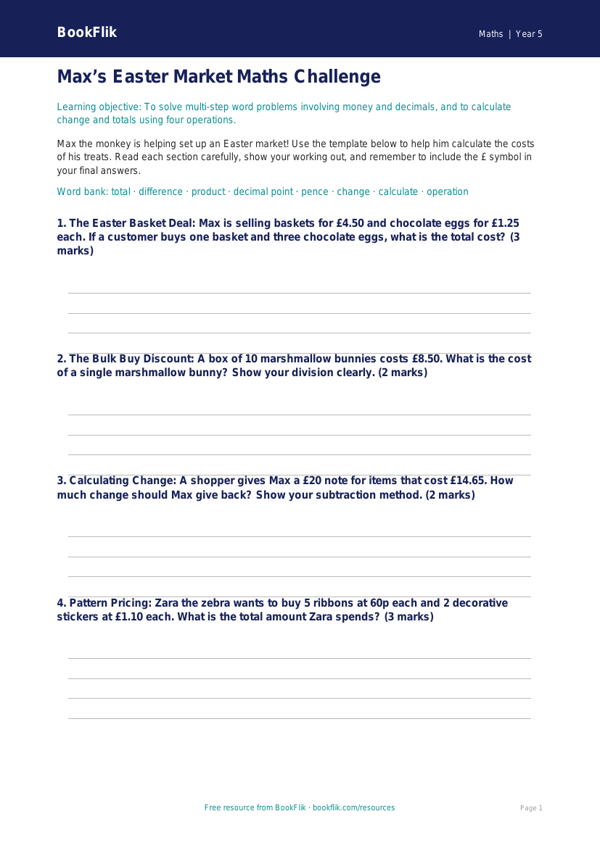 Free Easter Maths Template | Year 5 Core | BookFlik worksheet preview — Maths Easter Maths