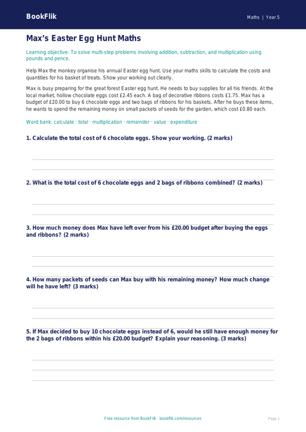 Free Easter Maths Track Sheet | Year 5 Core | BookFlik worksheet preview โ Maths Easter Maths