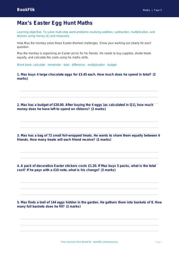 Free Easter Maths Worksheet | Year 5 Core | BookFlik worksheet preview โ Maths Easter Maths