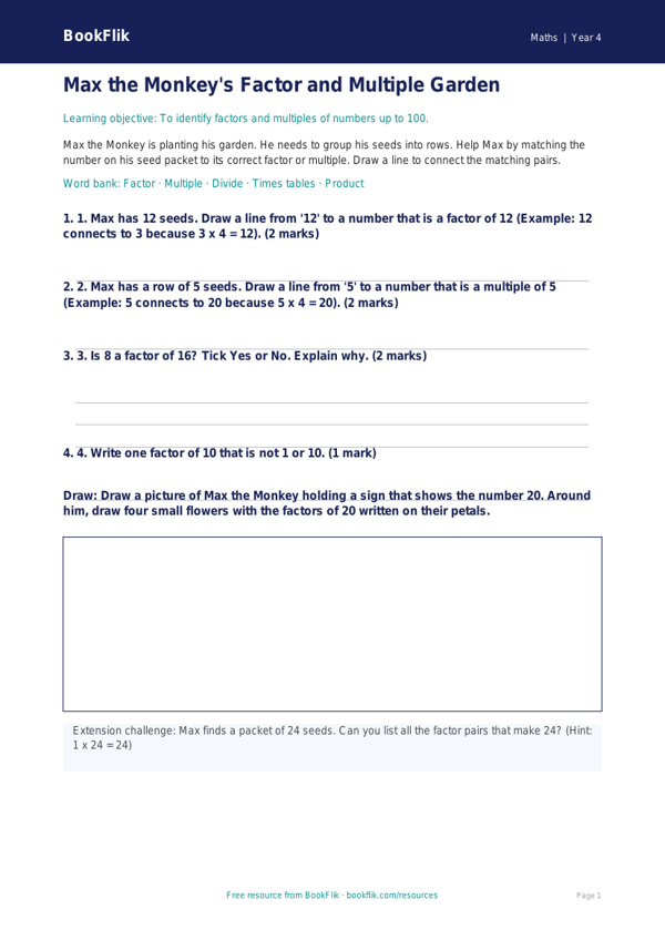Free Factors And Multiples Activity Sheet | Year 4 Supported | BookFlik worksheet preview — Maths Factors And Multiples