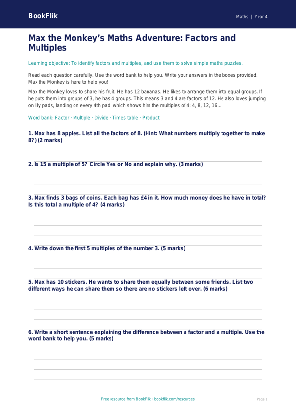 Free Factors And Multiples Assessment | Year 4 Supported | BookFlik worksheet preview — Maths Factors And Multiples