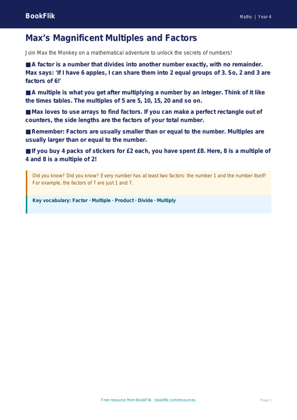 Free Factors And Multiples Poster | Year 4 Supported | BookFlik worksheet preview — Maths Factors And Multiples