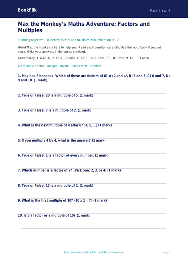 Free Factors And Multiples Quiz | Year 4 Supported | BookFlik worksheet preview — Maths Factors And Multiples