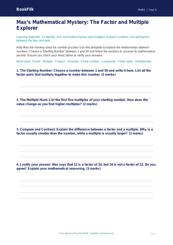 Free Factors And Multiples Template | Year 4 Greater Depth | BookFlik worksheet preview — Maths Factors And Multiples