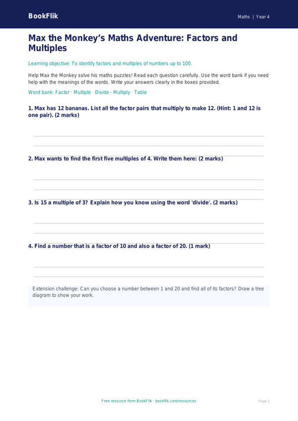 Free Factors And Multiples Template | Year 4 Supported | BookFlik worksheet preview — Maths Factors And Multiples