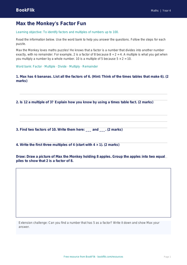 Free Factors And Multiples Track Sheet | Year 4 Supported | BookFlik worksheet preview — Maths Factors And Multiples