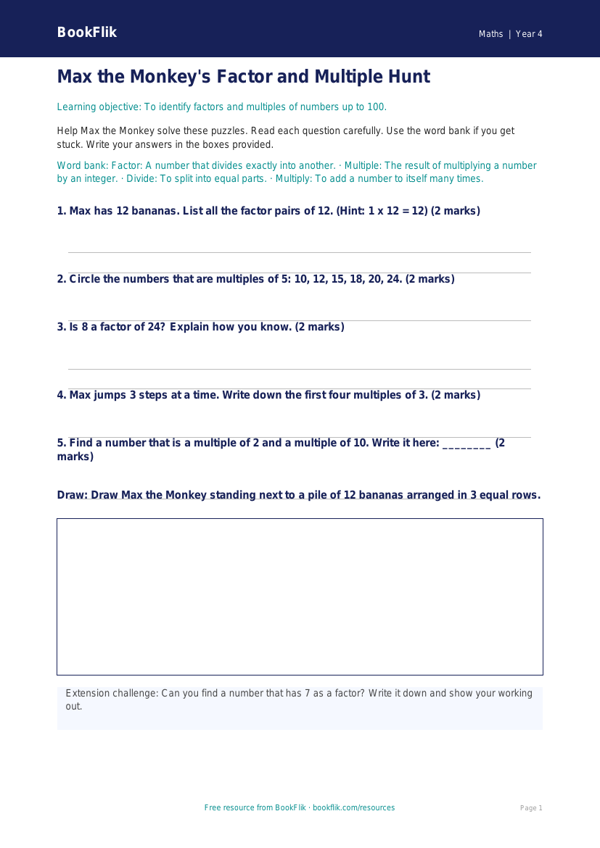 Free Factors And Multiples Worksheet | Year 4 Supported | BookFlik worksheet preview — Maths Factors And Multiples