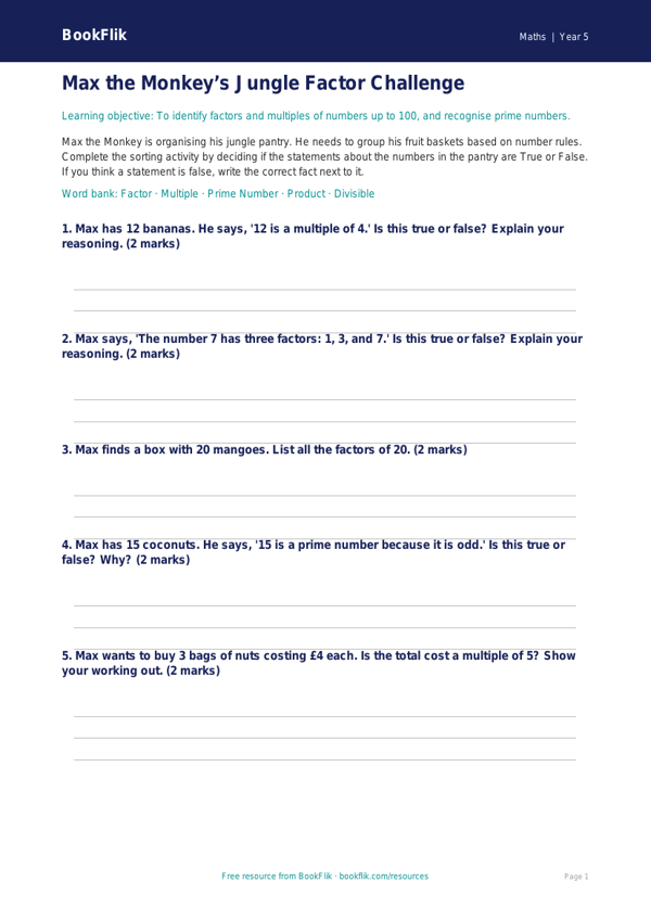 Free Factors And Multiples Activity Sheet | Year 5 Core | BookFlik worksheet preview — Maths Factors And Multiples