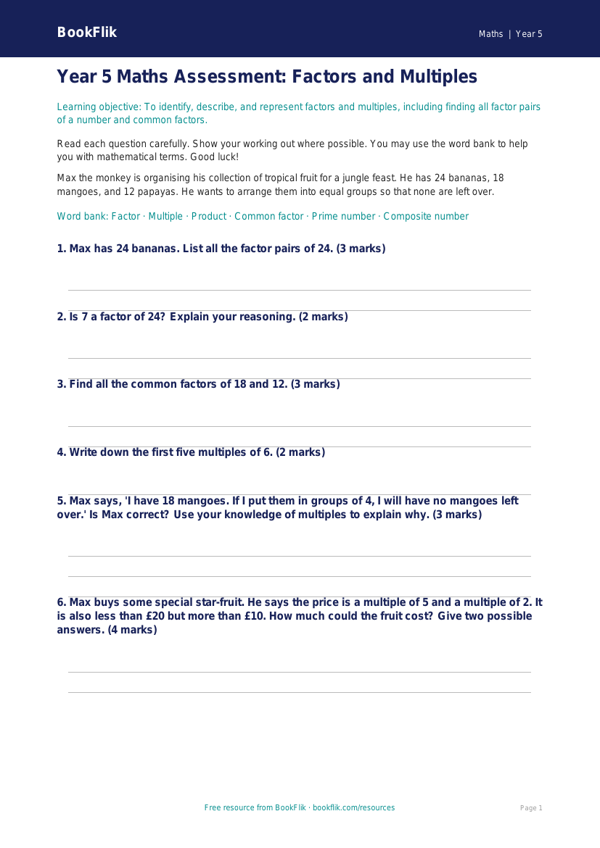 Free Factors And Multiples Assessment | Year 5 Core | BookFlik worksheet preview — Maths Factors And Multiples