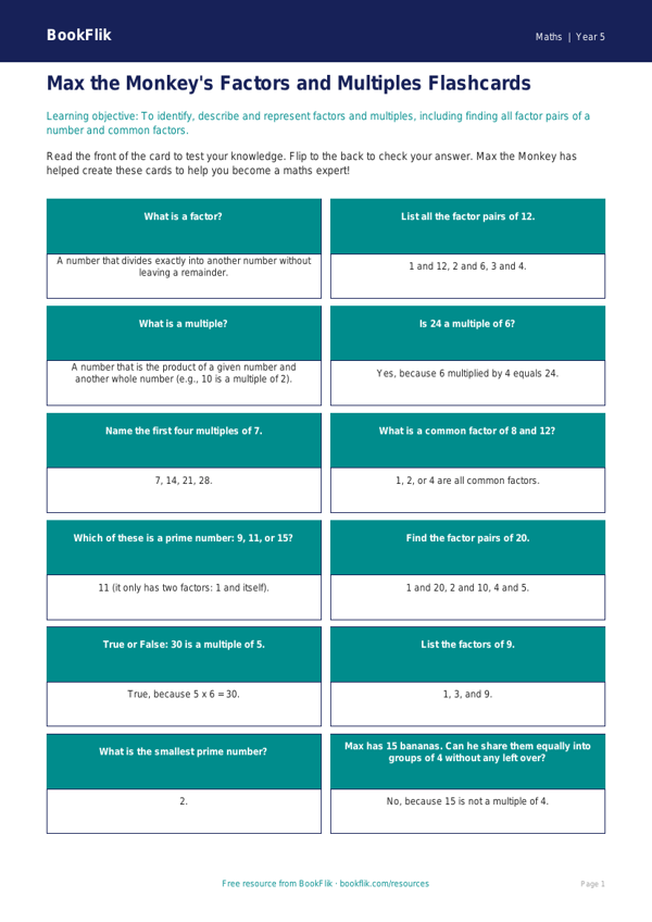 Free Factors And Multiples Flashcards | Year 5 Core | BookFlik worksheet preview — Maths Factors And Multiples
