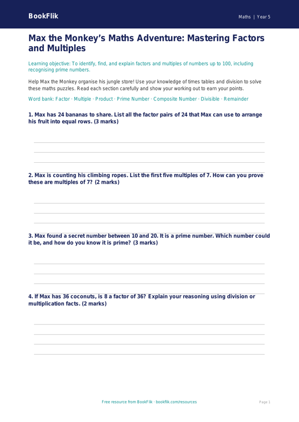 Free Factors And Multiples Template | Year 5 Core | BookFlik worksheet preview — Maths Factors And Multiples