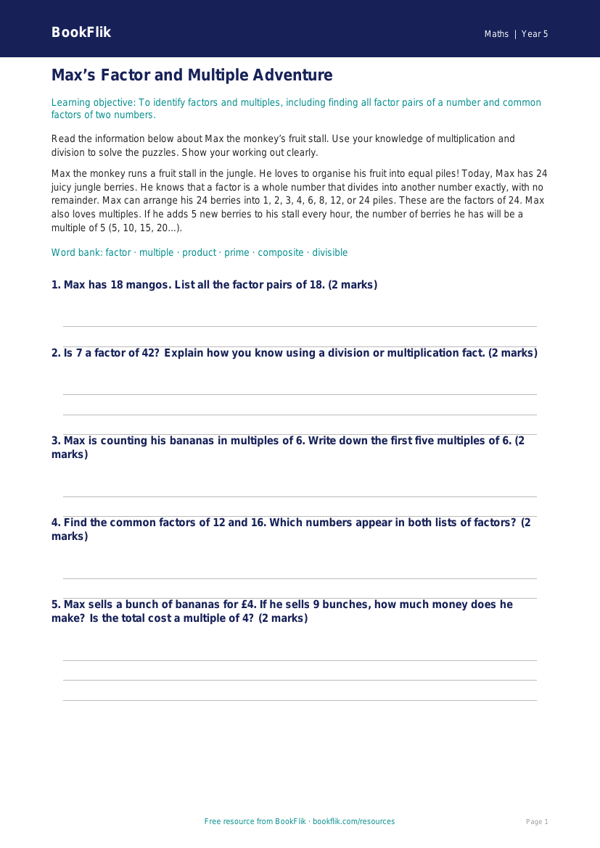 Free Factors And Multiples Track Sheet | Year 5 Core | BookFlik worksheet preview — Maths Factors And Multiples