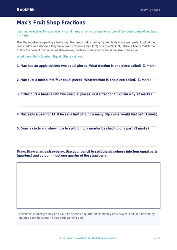 Free Fractions Activity Sheet | Year 1 Core | BookFlik worksheet preview — Maths Fractions