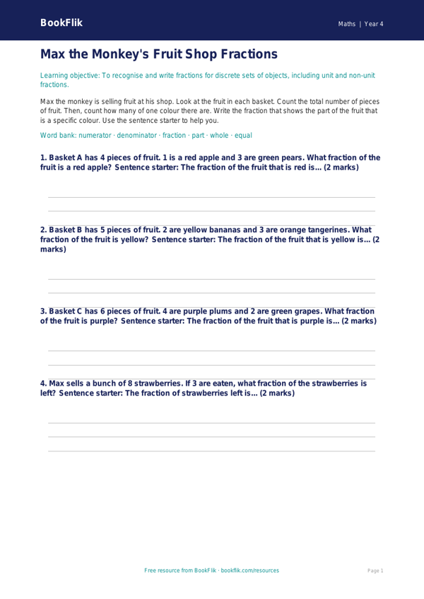 Free Fractions Activity Sheet | Year 4 Supported | BookFlik worksheet preview — Maths Fractions