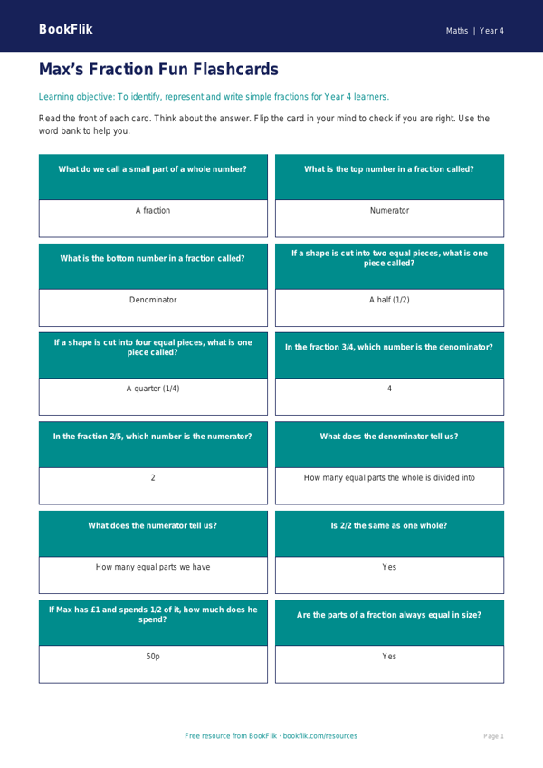Free Fractions Flashcards | Year 4 Supported | BookFlik worksheet preview — Maths Fractions