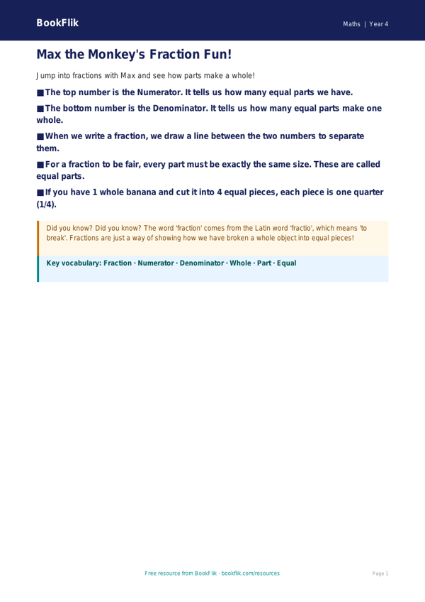 Free Fractions Poster | Year 4 Supported | BookFlik worksheet preview — Maths Fractions
