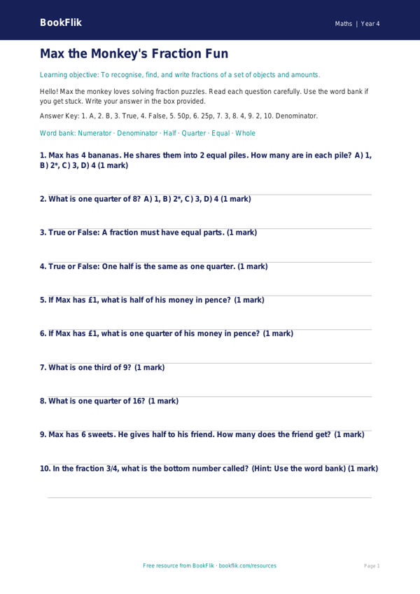 Free Fractions Quiz | Year 4 Supported | BookFlik worksheet preview — Maths Fractions