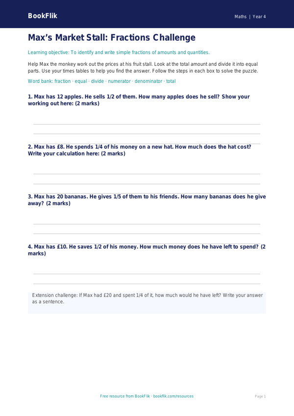 Free Fractions Template | Year 4 Supported | BookFlik worksheet preview — Maths Fractions