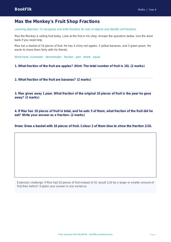 Free Fractions Track Sheet | Year 4 Supported | BookFlik worksheet preview — Maths Fractions