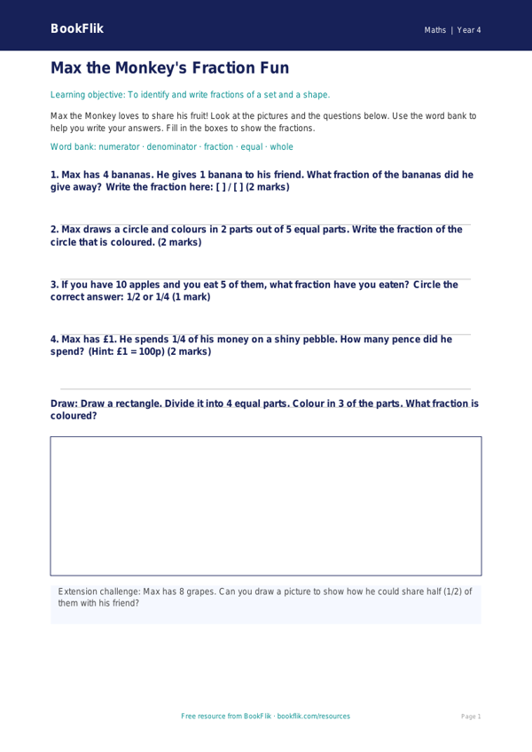 Free Fractions Worksheet | Year 4 Supported | BookFlik worksheet preview — Maths Fractions