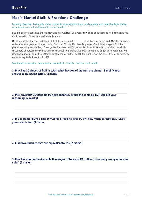 Free Fractions Track Sheet | Year 5 Core | BookFlik worksheet preview — Maths Fractions
