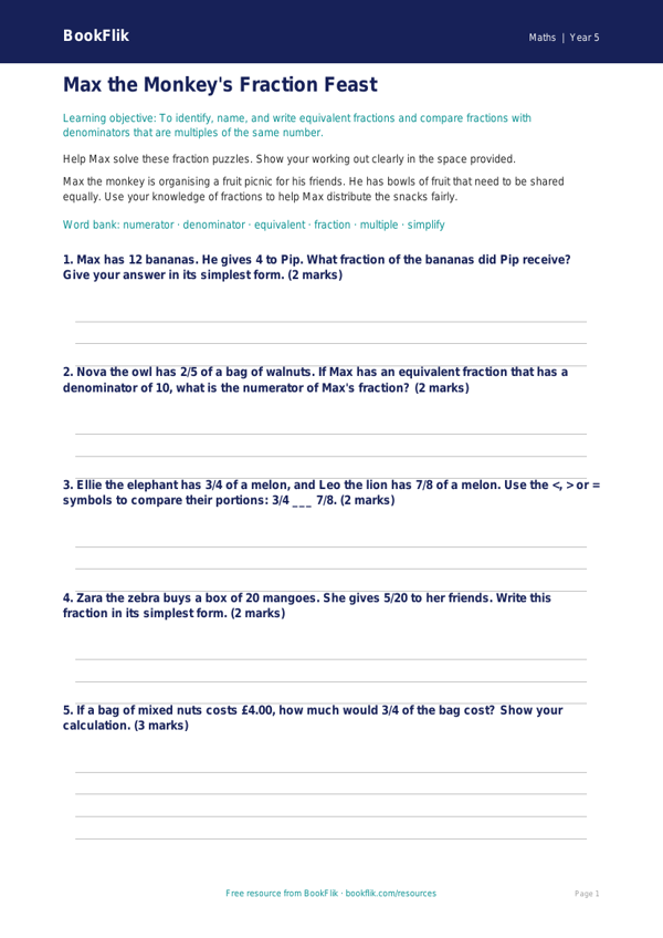 Free Fractions Worksheet | Year 5 Core | BookFlik worksheet preview — Maths Fractions