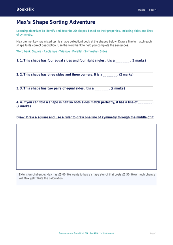 Free Geometry Activity Sheet | Year 4 Supported | BookFlik worksheet preview — Maths Geometry