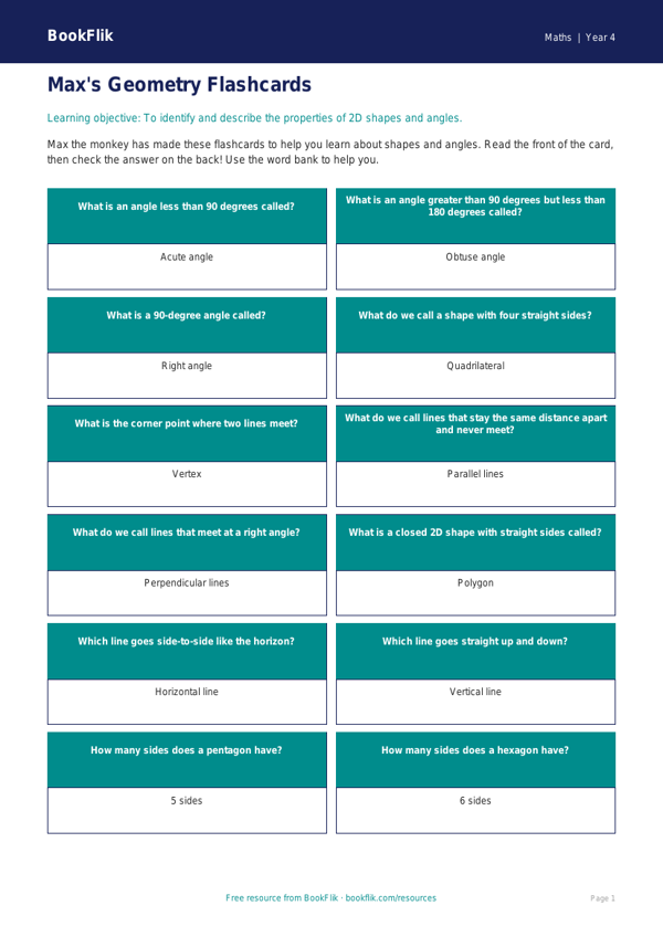 Free Geometry Flashcards | Year 4 Supported | BookFlik worksheet preview — Maths Geometry