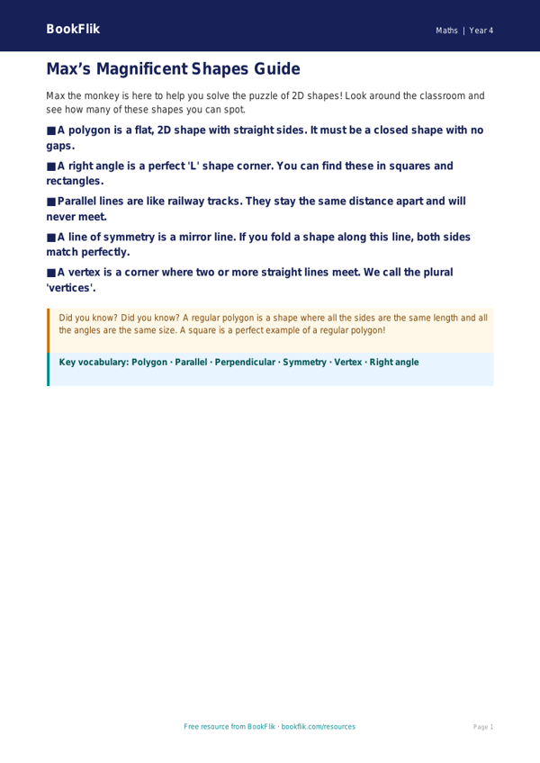 Free Geometry Poster | Year 4 Supported | BookFlik worksheet preview — Maths Geometry