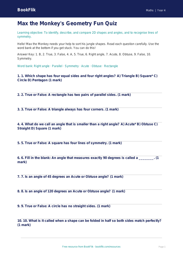 Free Geometry Quiz | Year 4 Supported | BookFlik worksheet preview — Maths Geometry